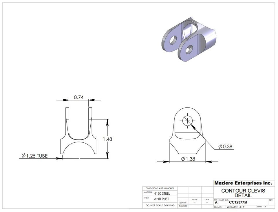Contour Clevis, fits 1.25" tube, slot feature inline