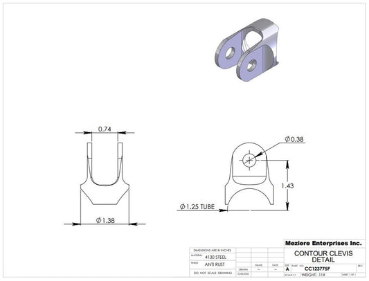 Contour Clevis, fits 1.25" tube, slot feature perpendicular