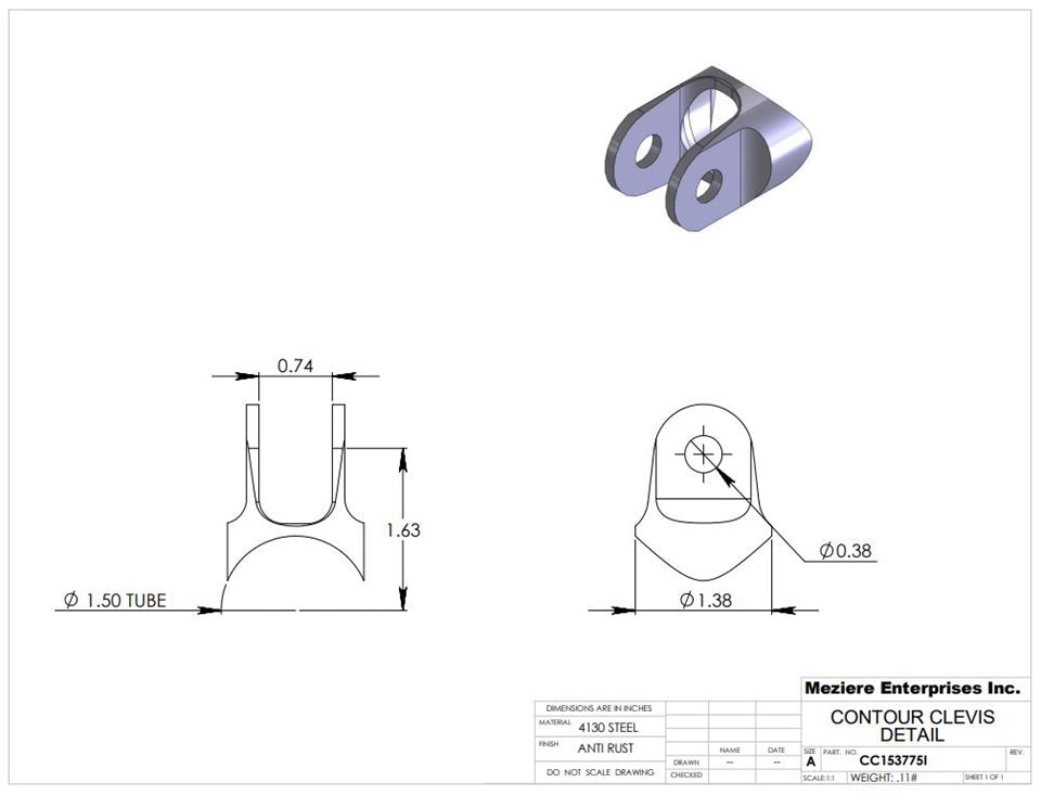 Contour Clevis, fits 1.50" tube, slot feature inline