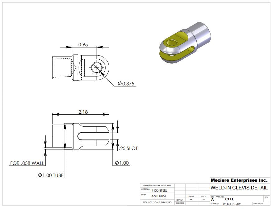 Clevis End, Fits 1" x .058 Tube, .260 Slot, .375 Cross Hole