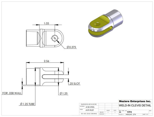 Clevis End, Fits 1.25" x .058 Tube, .260 Slot, .375 Cross Hole