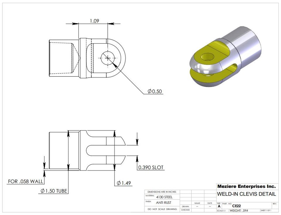 Clevis End, Fits 1.50" x .065 Tube, .385 Slot, .500 Cross Hole