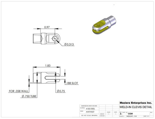 Clevis End, Fits 3/4" x .058 Tube, .195 Slot, .313 Cross Hole