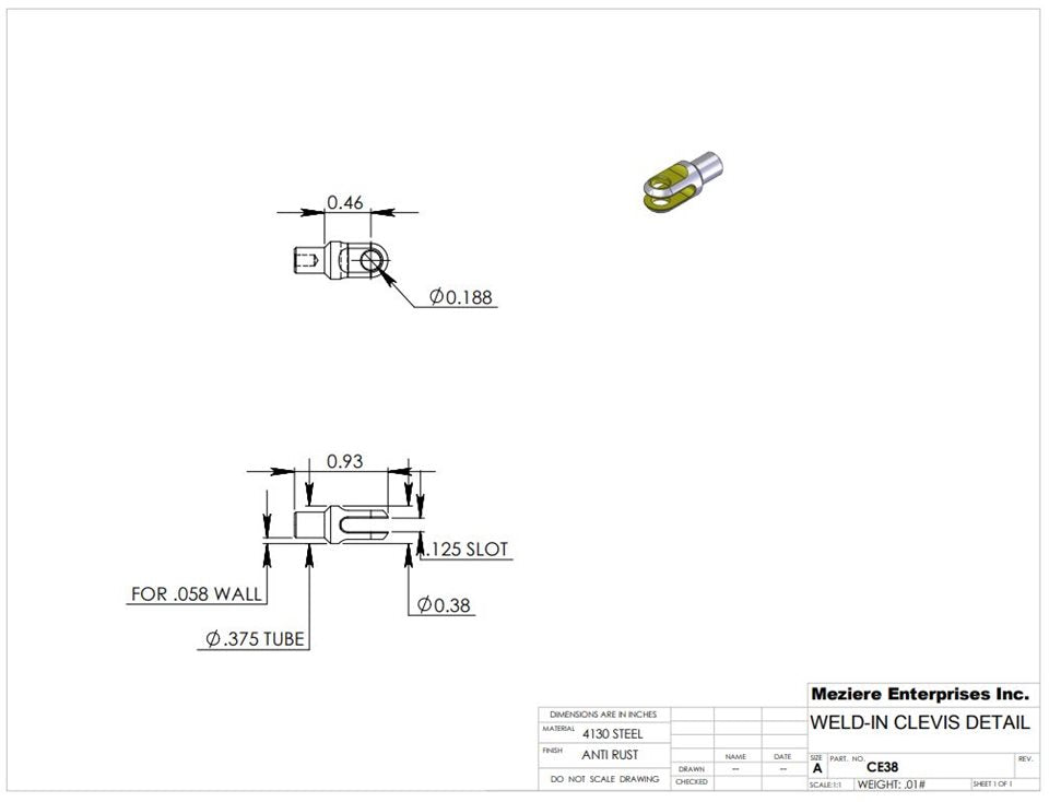 Clevis End, Fits 3/8" x .058 Tube, .130 Slot, .190 Cross Hole