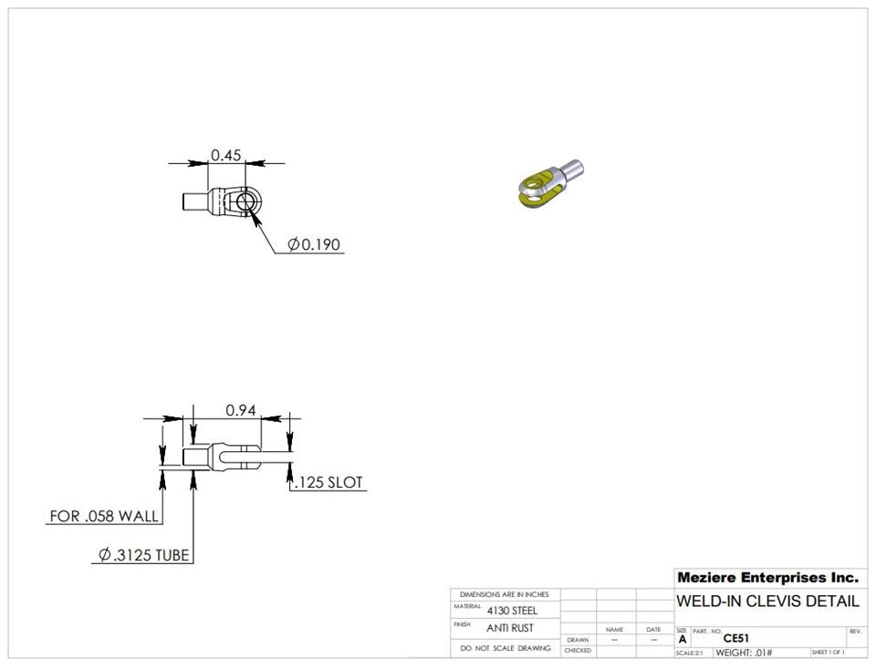 Clevis End, Fits 5/16" x .058 Tube, .130 Slot, .190 Cross Hole