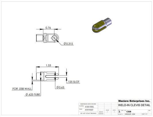 Clevis End, Fits 5/8" x .058 Tube, .130 Slot, .313 Cross Hole