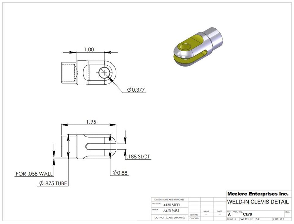 Clevis End, Fits 7/8" x .058 Tube, .195 Slot, .375 Cross Hole
