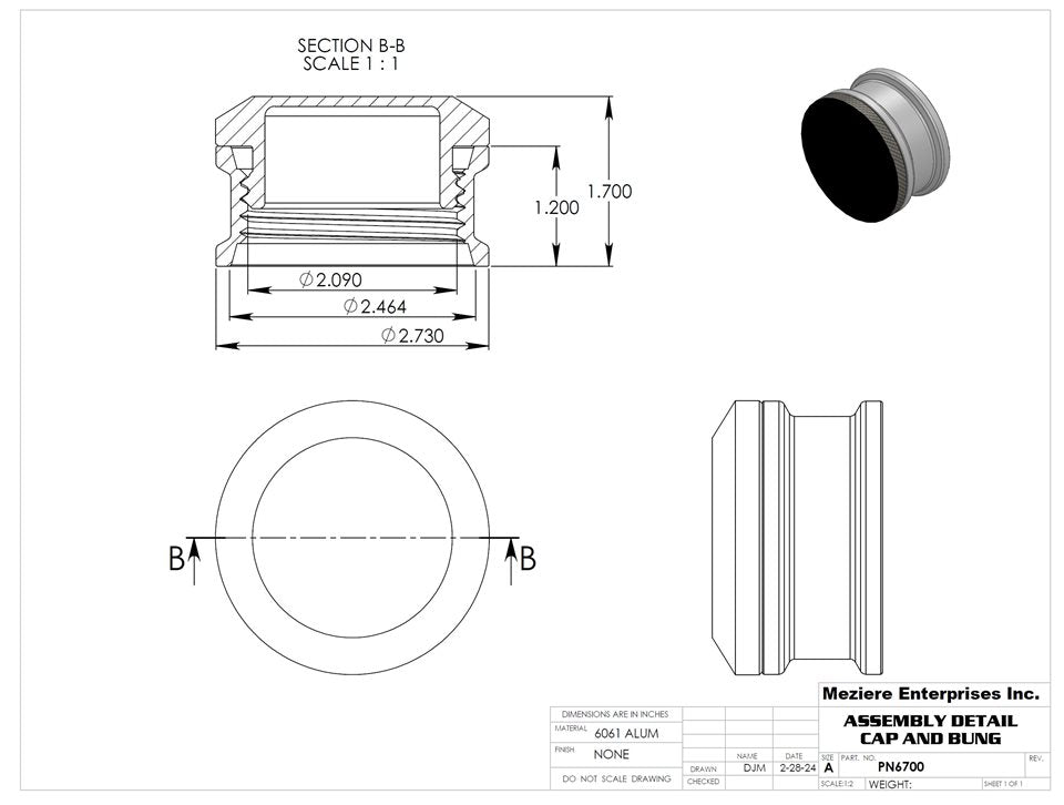 Cap and Bung Assembly, Pro 2.75" Style, Aluminum Bung