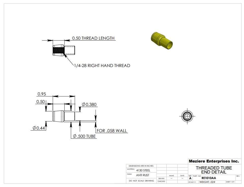 Tube End, fits 1/2" x .058 tube, 1/4-28 thread