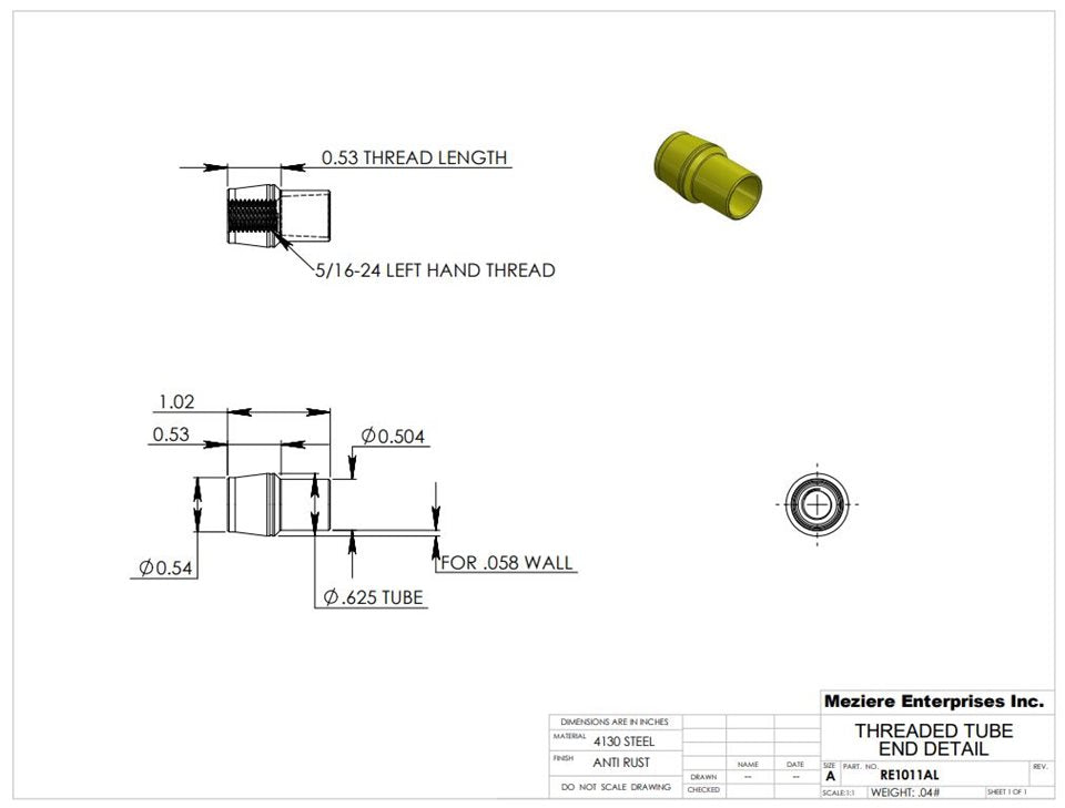 Tube End, fits 5/8" x .058 tube, 5/16-24 left thread