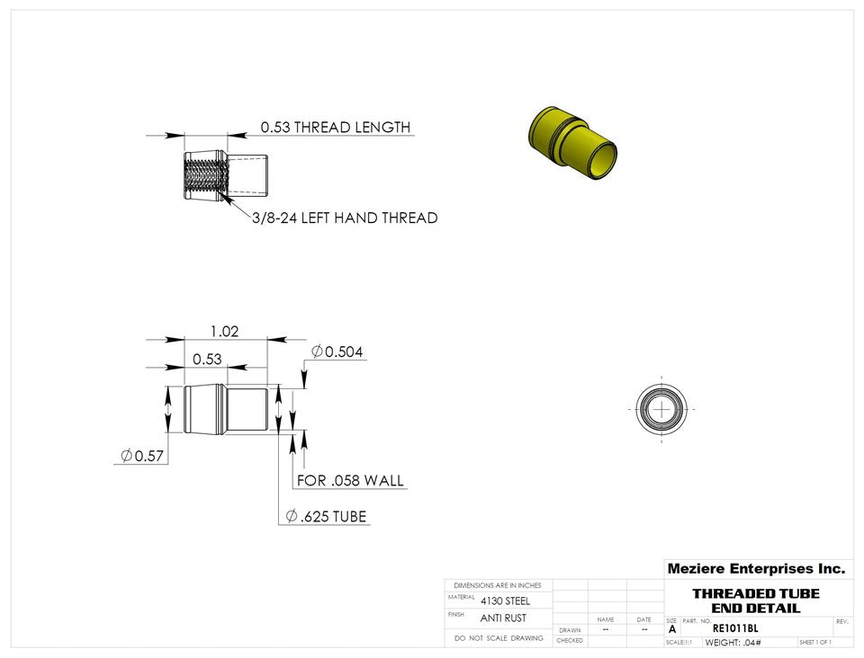 Tube End, fits 5/8" x .058 tube, 3/8-24 left thread
