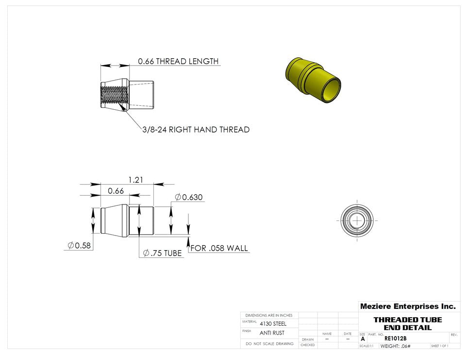 Tube End, fits 3/4" x .058 tube, 3/8-24 thread