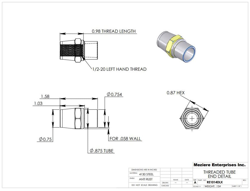 Extremo de tubo con hexágono interior, compatible con tubo de 7/8" x .058, rosca izquierda de 1/2-20