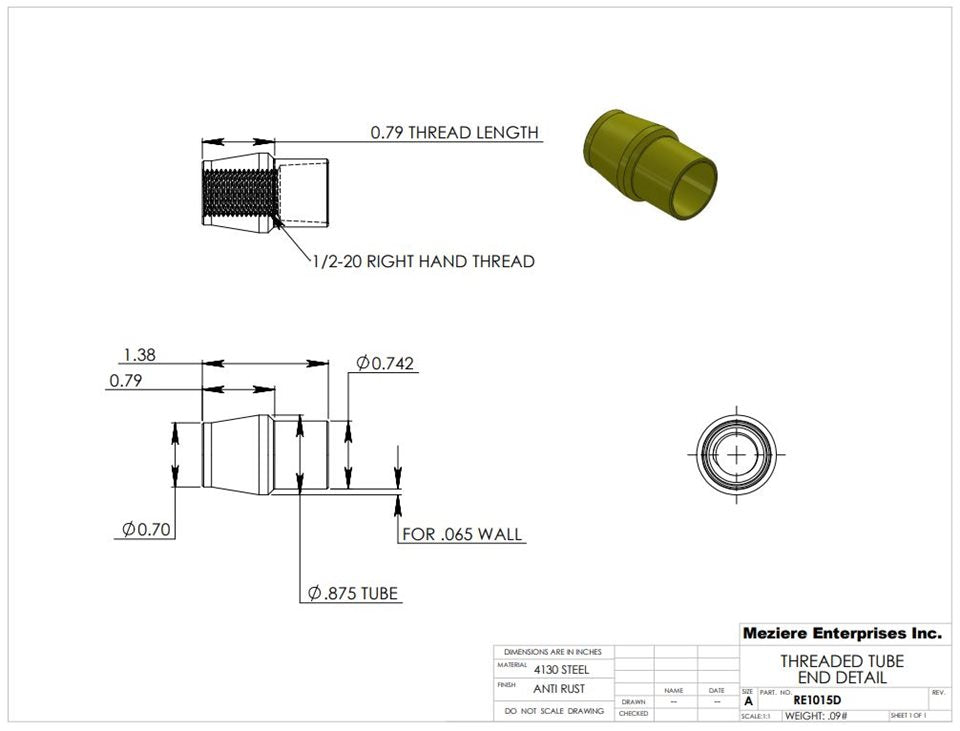Tube End, fits 7/8" x .065 tube, 1/2-20 thread