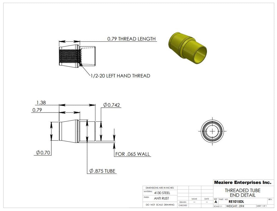 Extremo de tubo, se adapta a tubo de 7/8" x .065, rosca izquierda de 1/2-20