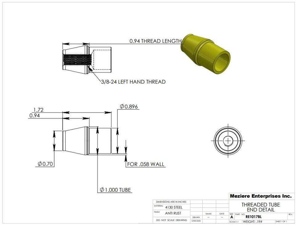 Tube End, fits 1" x .058 tube, 3/8-24 left thread