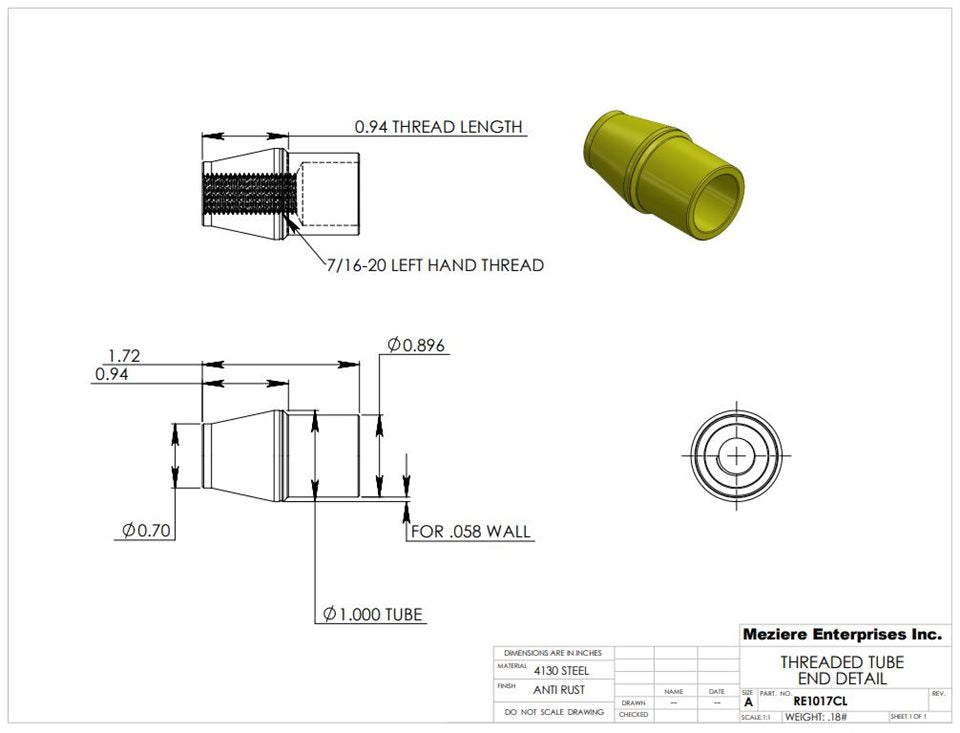 Tube End, fits 1" x .058 tube, 7/16-20 left thread