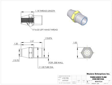 Tube End, fits 1" x .058 tube, 7/16-20 Left w/Hex