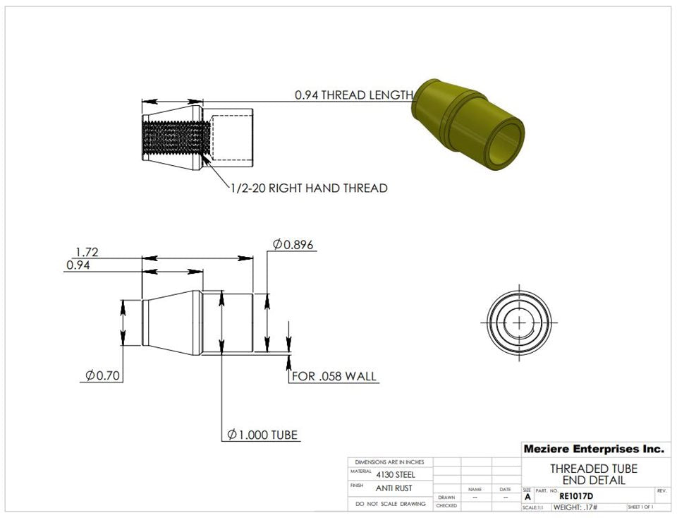 Tube End, fits 1" x .058 tube, 1/2-20 thread