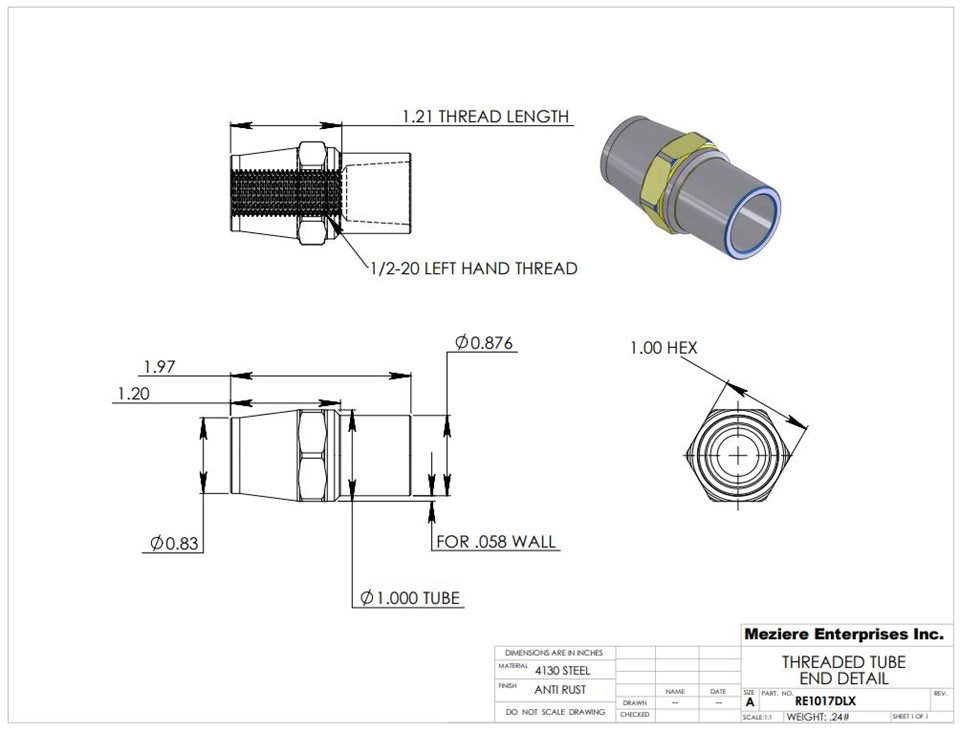 Tube End with hex, fits 1" x .058 tube, 1/2-20 left thread