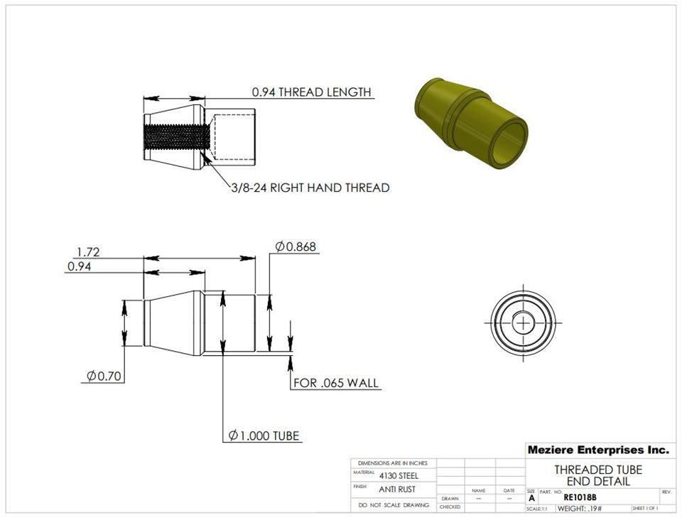 Tube End, fits 1" x .065 tube, 3/8-24 thread