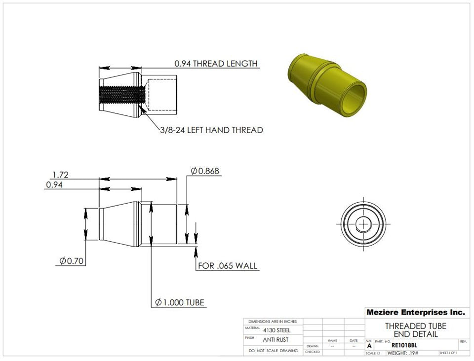 Tube End, fits 1" x .065 tube, 3/8-24 left thread