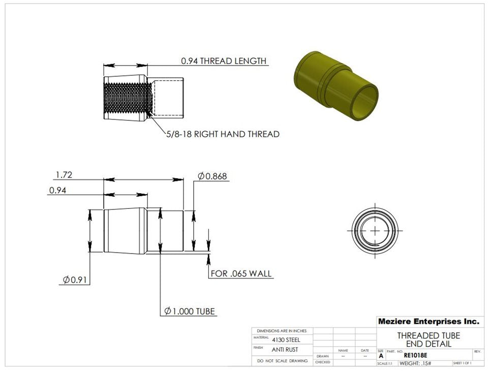 Rohrende, passend für 1" x .065 Rohr, 5/8-18 Gewinde