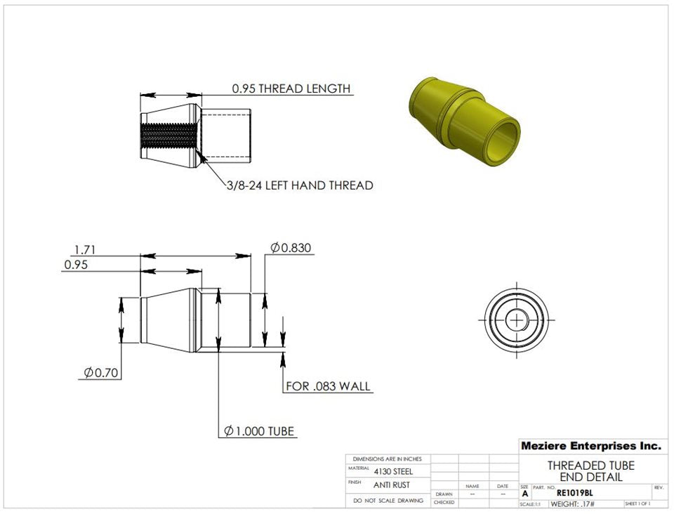 Tube End, fits 1" x .083 tube, 3/8-24 left thread