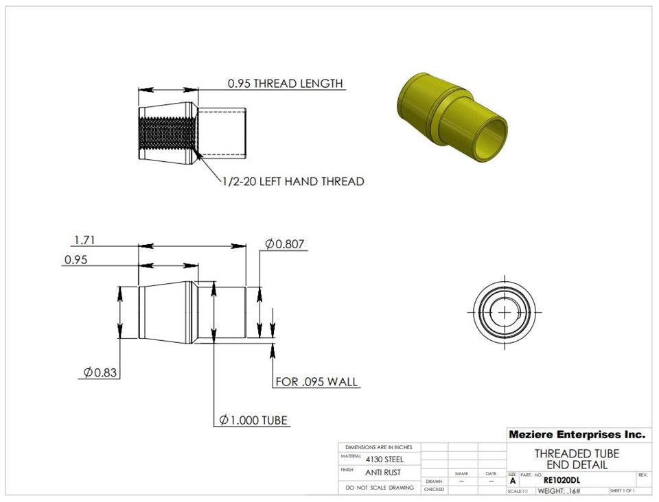 Extremo de tubo, se adapta a tubo de 1" x .095, rosca izquierda de 1/2-20