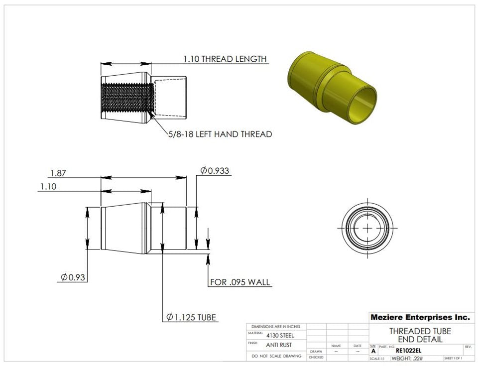 Extremo de tubo, se adapta a tubo de 1-1/8" x .095, rosca izquierda de 1/2-20
