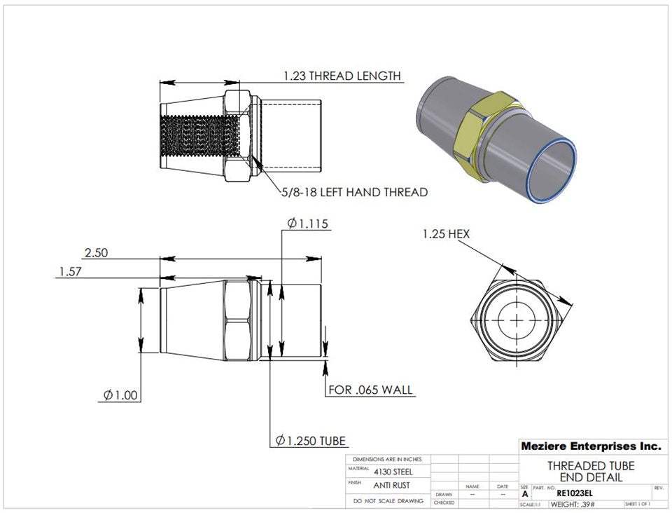 Tube End, fits 1-1/4" x .065 tube, 5/8-18 left thread
