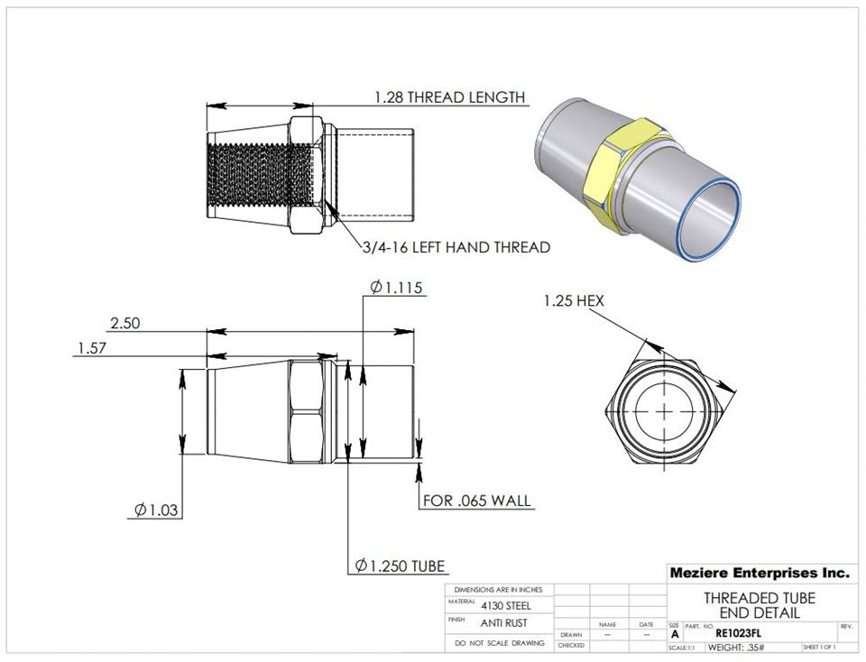 Rohrende, passend für 1-1/4" x .065 Rohr, 3/4-16 Linksgewinde