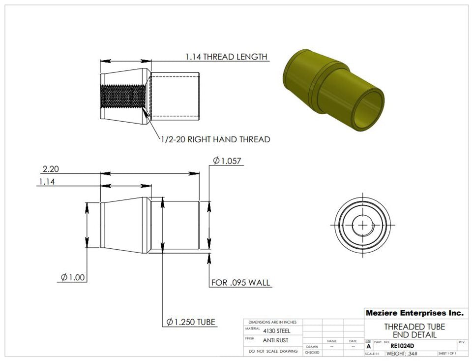 Extremo de tubo, se adapta a tubo de 1-1/4" x .095, rosca 1/2-20