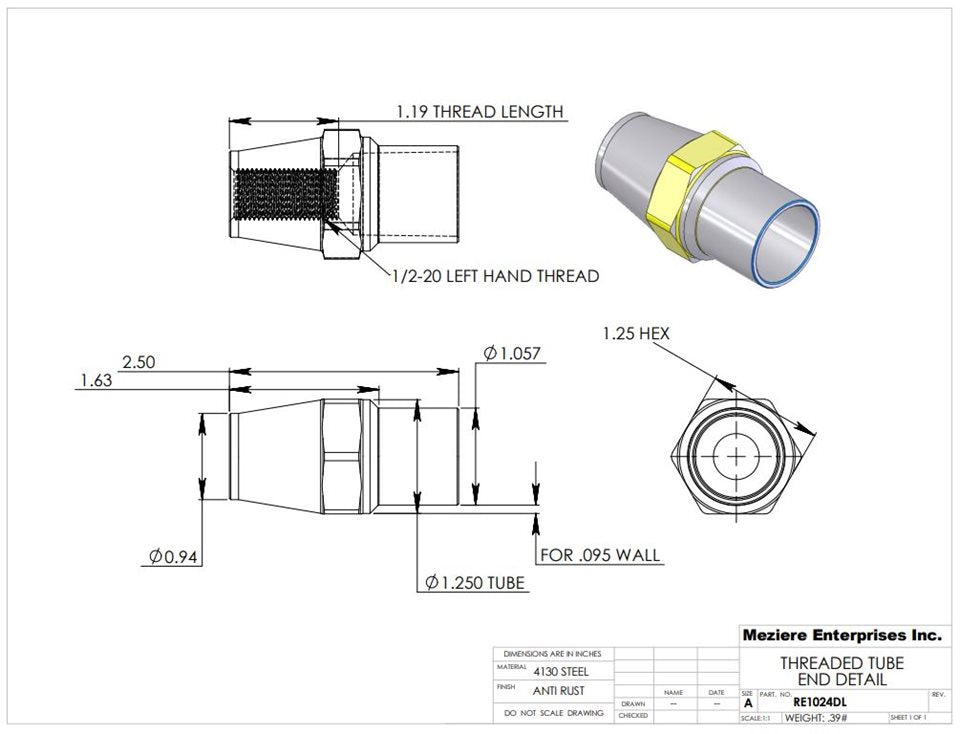 Tube End, fits 1-1/4" x .095 tube, 1/2-20 left thread
