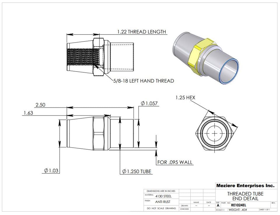 Rohrende, passend für 1-1/4" x .095 Rohr, 5/8-18 Linksgewinde