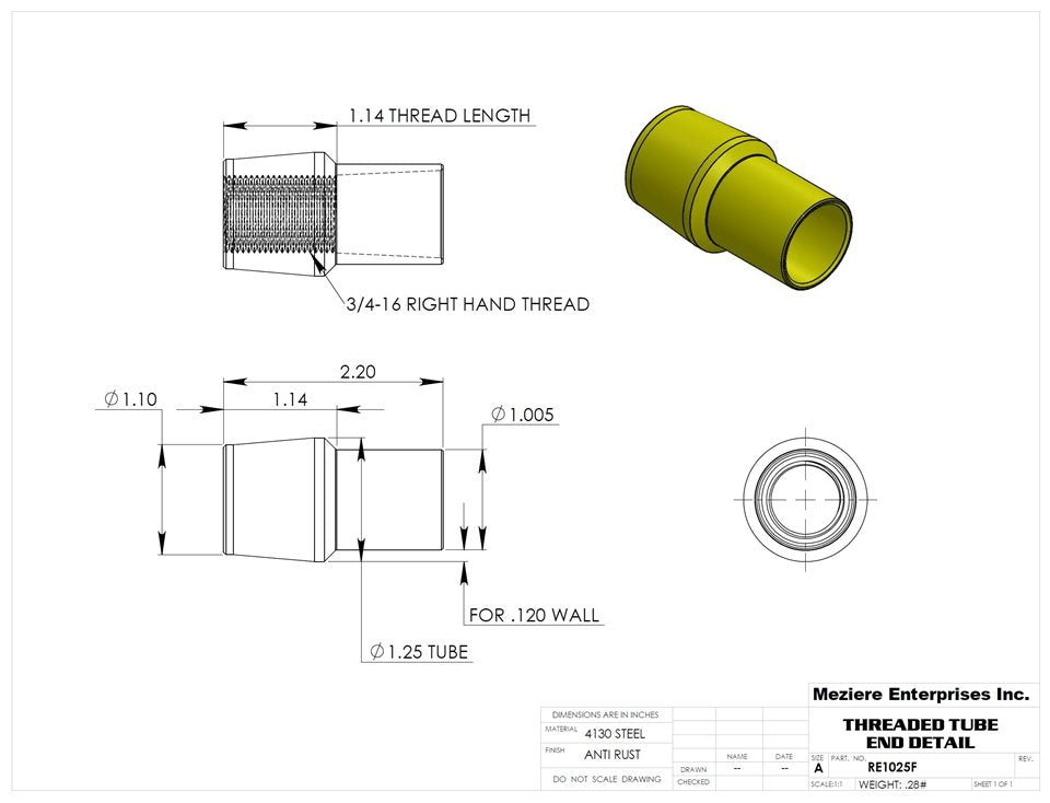 Tube End, fits 1-1/4" x .120 tube, 3/4-16 thread