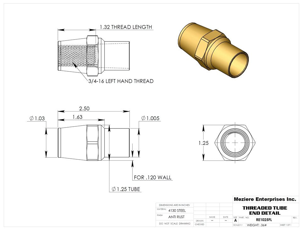 Rohrende, passend für 1-1/4" x .120 Rohr, 3/4-16 Linksgewinde