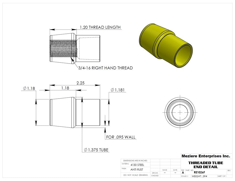 Tube End, fits 1-3/8" x .095 tube, 3/4-16 thread