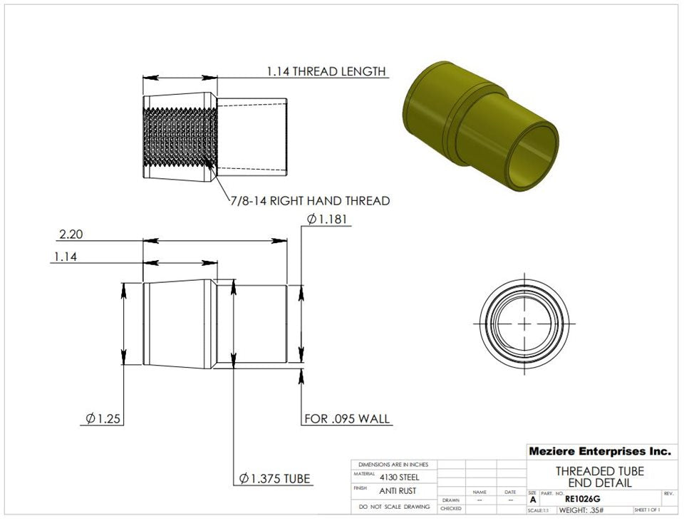Tube End, fits 1-3/8" x .095 tube, 7/8-14 thread