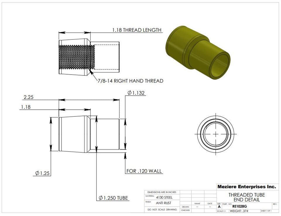 Tube End, fits 1-3/8" x .120 tube, 7/8-14 thread