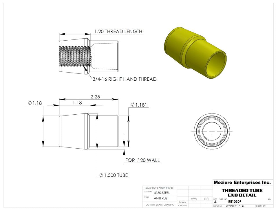 Tube End, fits 1-1/2" x .120 tube, 3/4-16 thread