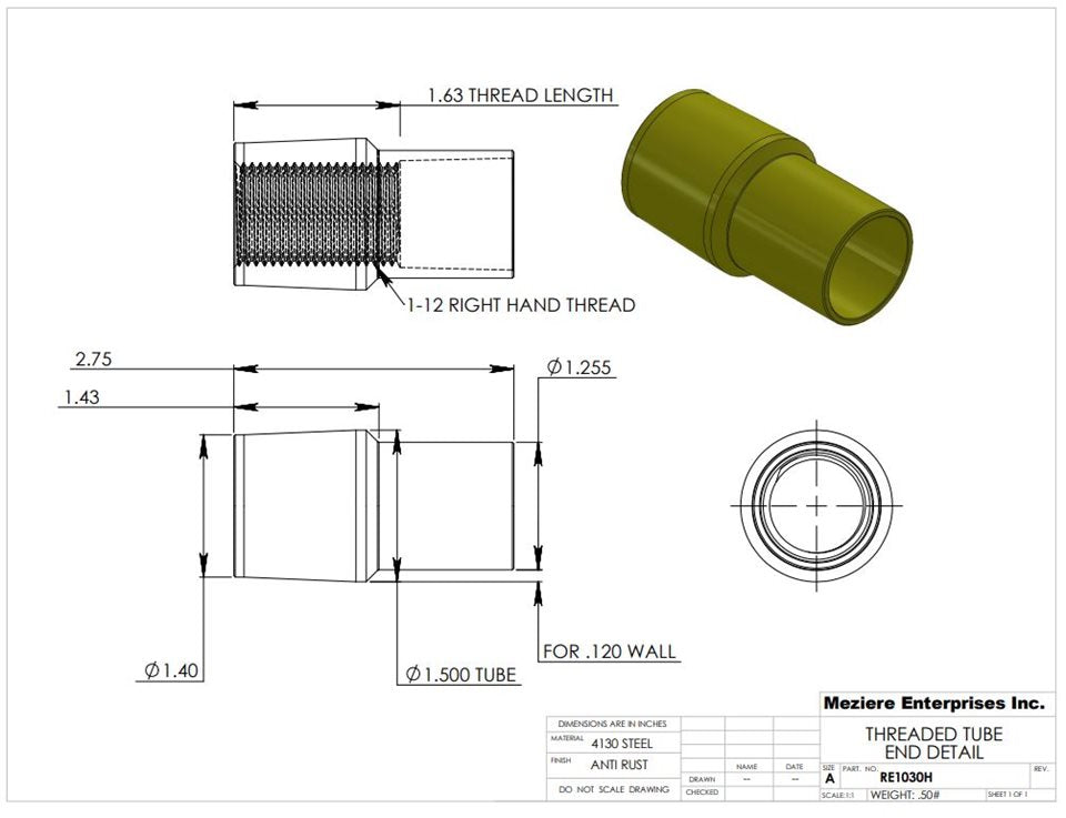 Extremo de tubo, se adapta a tubo de 1-1/2" x .120, rosca de 1"-12