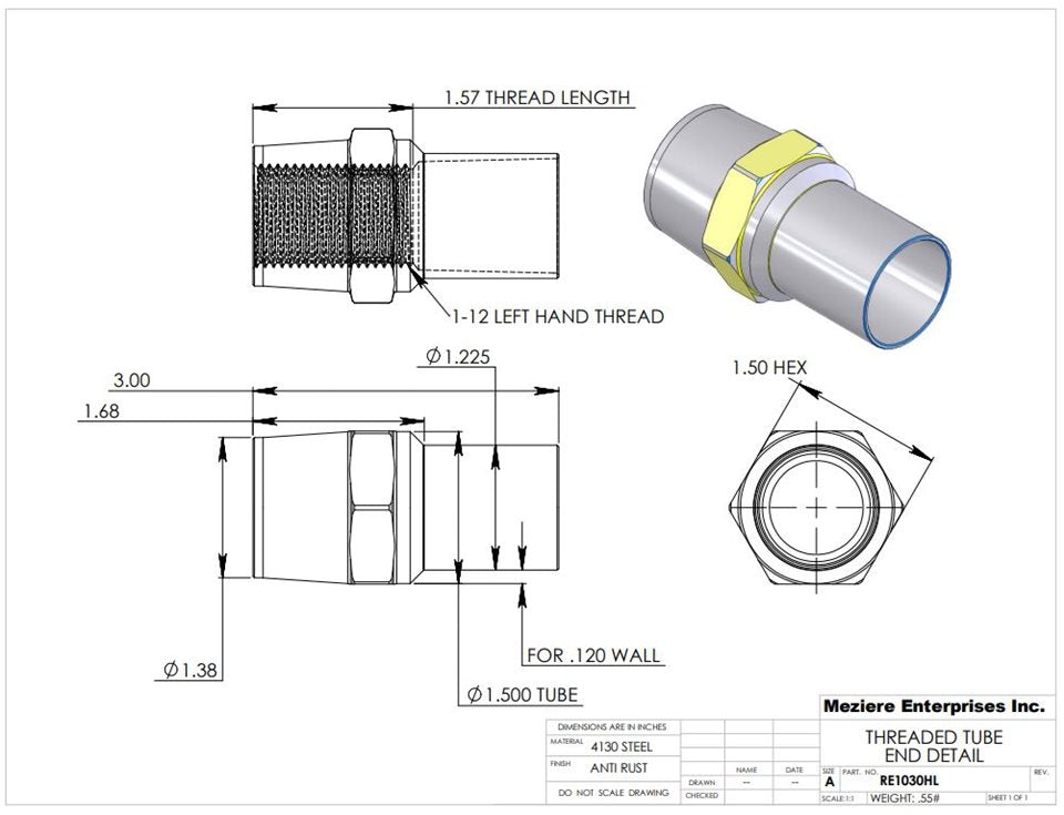 Extremo de tubo, se adapta a tubo de 1-1/2" x .120, rosca izquierda de 1"-12