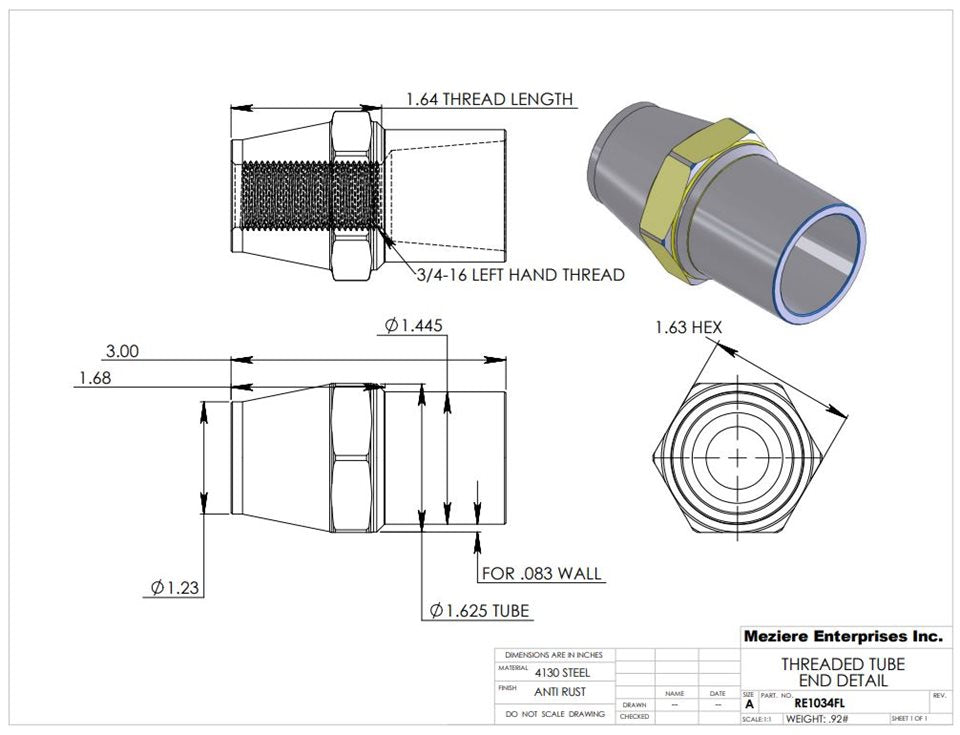 Rohrende, passend für 1-5/8" x .083 Rohr, 3/4-16 Linksgewinde