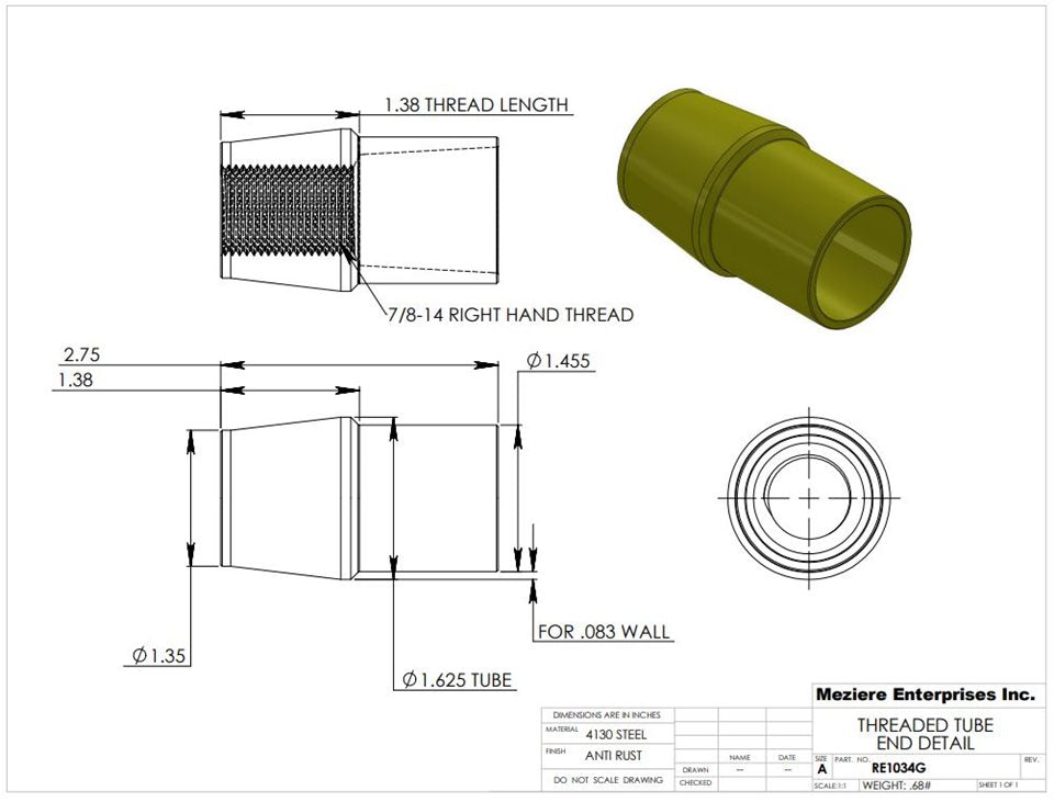 Tube End, fits 1-5/8" x .083 tube, 7/8-14 thread