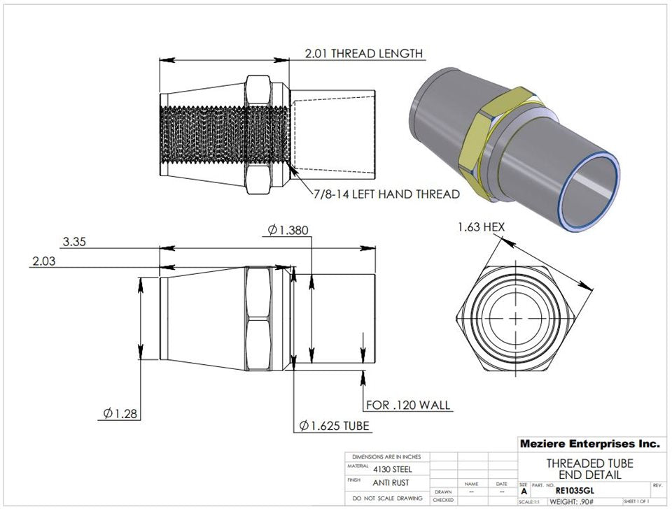 Tube End, fits 1-5/8" x .120 tube, 7/8-14 LH thread