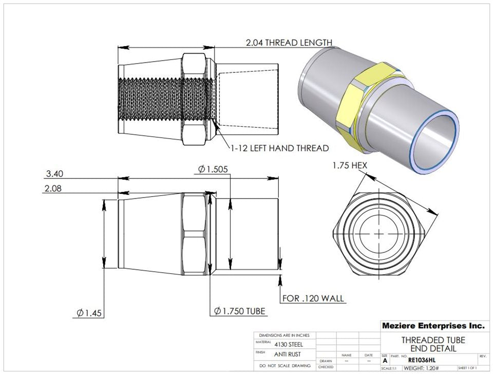 Tube End, fits 1-3/4" x .120 tube, 1"-12 left thread
