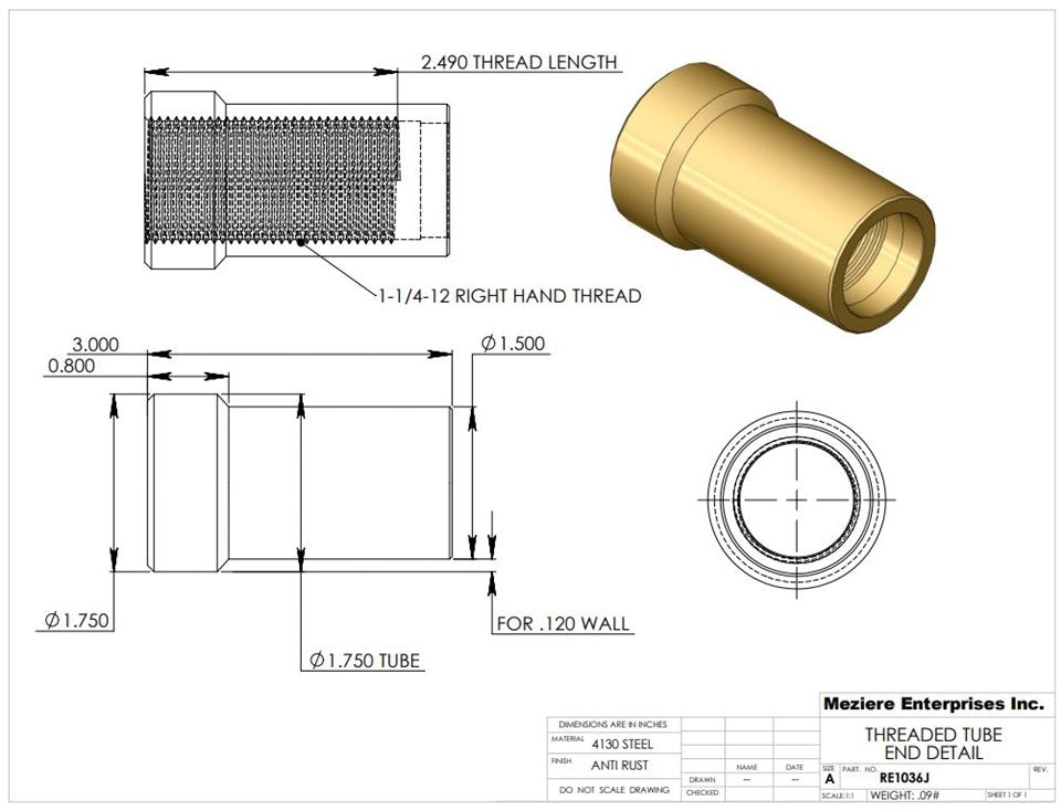 Tube End, fits 1-3/4" x .120 tube, 1.25"-12 thread