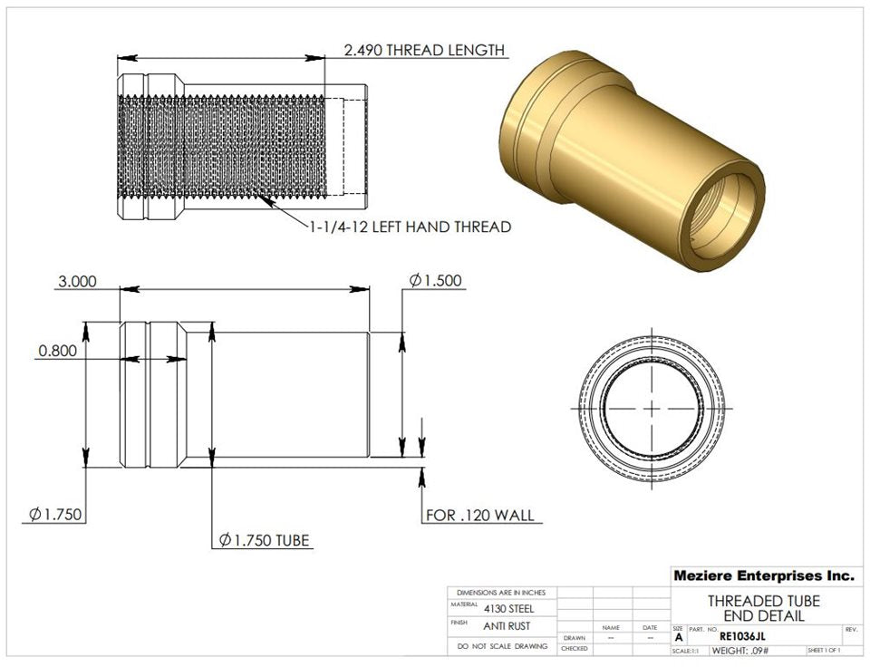Tube End, fits 1-3/4" x .120 tube, 1.25"-12 left thread
