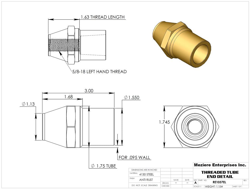 Tube End, fits 1-3/4" x .095 tube, 5/8-18 left thread